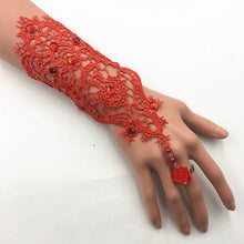 Load image into Gallery viewer, Lace Pearl Rhinestones Bridal Opera Fingerless Gloves with Ring Finger Rose Accent
