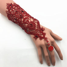 Load image into Gallery viewer, Lace Pearl Rhinestones Bridal Opera Fingerless Gloves with Ring Finger Rose Accent