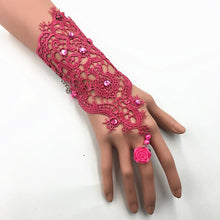 Load image into Gallery viewer, Lace Pearl Rhinestones Bridal Opera Fingerless Gloves with Ring Finger Rose Accent