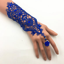 Load image into Gallery viewer, Lace Pearl Rhinestones Bridal Opera Fingerless Gloves with Ring Finger Rose Accent