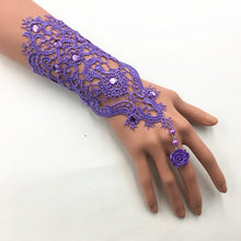 Load image into Gallery viewer, Lace Pearl Rhinestones Bridal Opera Fingerless Gloves with Ring Finger Rose Accent