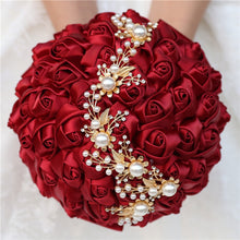 Load image into Gallery viewer, Handmade Bridal Satin Ribbon Rose Flower Bouquet-Pearl with Pearl Gold Jewelry Garland