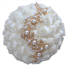 Load image into Gallery viewer, Handmade Bridal Satin Ribbon Rose Flower Bouquet-Pearl with Pearl Gold Jewelry Garland