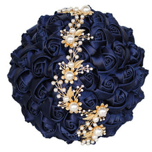 Load image into Gallery viewer, Handmade Bridal Satin Ribbon Rose Flower Bouquet-Pearl with Pearl Gold Jewelry Garland