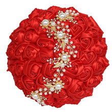Load image into Gallery viewer, Handmade Bridal Satin Ribbon Rose Flower Bouquet-Pearl with Pearl Gold Jewelry Garland