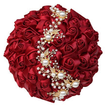 Load image into Gallery viewer, Handmade Bridal Satin Ribbon Rose Flower Bouquet-Pearl with Pearl Gold Jewelry Garland