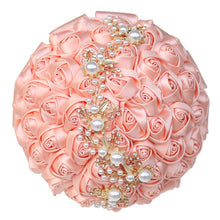 Load image into Gallery viewer, Handmade Bridal Satin Ribbon Rose Flower Bouquet-Pearl with Pearl Gold Jewelry Garland