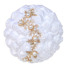 Load image into Gallery viewer, Handmade Bridal Satin Ribbon Rose Flower Bouquet-Pearl with Pearl Gold Jewelry Garland