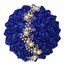 Load image into Gallery viewer, Handmade Bridal Satin Ribbon Rose Flower Bouquet-Pearl with Pearl Gold Jewelry Garland