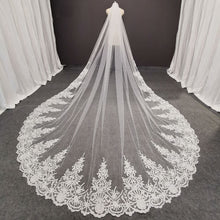 Load image into Gallery viewer, Long Cathedral Wedding Veil with Floral Appliques All Around-One Layer