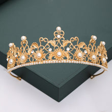 Load image into Gallery viewer, Gold or Silver Tone Crystal Rhinestone and Pearl Quince Tiaras and Wedding Crowns