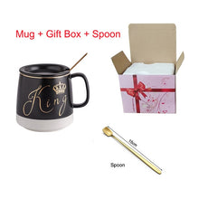 Load image into Gallery viewer, King or Queen Ceramic Coffee-Tea Mug with lid - Outlined in gold with little spoon
