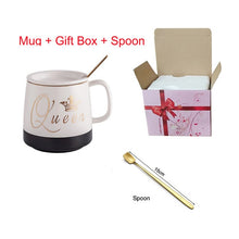 Load image into Gallery viewer, King or Queen Ceramic Coffee-Tea Mug with lid - Outlined in gold with little spoon