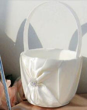 Load image into Gallery viewer, Ribbon Knot and Rhinestone Button Design-White or Ivory Wedding Flower Girl Basket