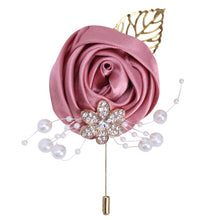 Load image into Gallery viewer, Gold Rhinestone Detail Satin Rosette-Leaf Boutonniere for Men in Bridal Party