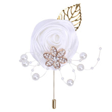 Load image into Gallery viewer, Gold Rhinestone Detail Satin Rosette-Leaf Boutonniere for Men in Bridal Party