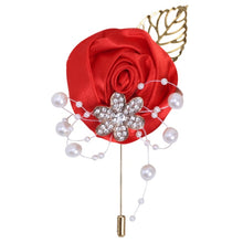 Load image into Gallery viewer, Gold Rhinestone Detail Satin Rosette-Leaf Boutonniere for Men in Bridal Party