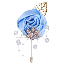Load image into Gallery viewer, Gold Rhinestone Detail Satin Rosette-Leaf Boutonniere for Men in Bridal Party