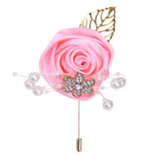 Load image into Gallery viewer, Gold Rhinestone Detail Satin Rosette-Leaf Boutonniere for Men in Bridal Party
