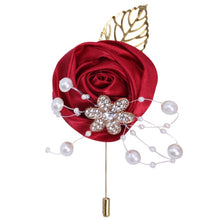 Load image into Gallery viewer, Gold Rhinestone Detail Satin Rosette-Leaf Boutonniere for Men in Bridal Party
