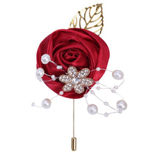 Load image into Gallery viewer, Gold Rhinestone Detail Satin Rosette-Leaf Boutonniere for Men in Bridal Party