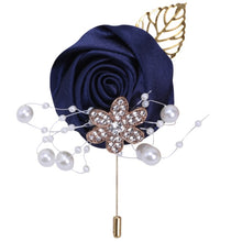 Load image into Gallery viewer, Gold Rhinestone Detail Satin Rosette-Leaf Boutonniere for Men in Bridal Party