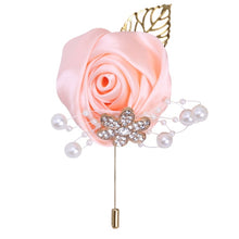 Load image into Gallery viewer, Gold Rhinestone Detail Satin Rosette-Leaf Boutonniere for Men in Bridal Party