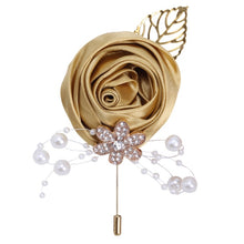 Load image into Gallery viewer, Gold Rhinestone Detail Satin Rosette-Leaf Boutonniere for Men in Bridal Party