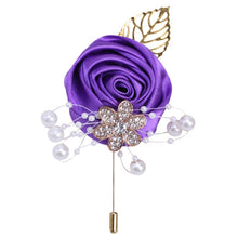 Load image into Gallery viewer, Gold Rhinestone Detail Satin Rosette-Leaf Boutonniere for Men in Bridal Party