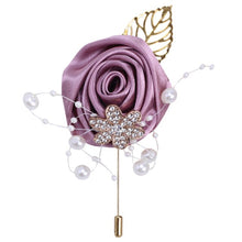 Load image into Gallery viewer, Gold Rhinestone Detail Satin Rosette-Leaf Boutonniere for Men in Bridal Party