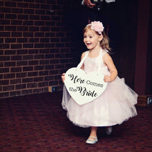Load image into Gallery viewer, Wooden Handcrafted Heart Wedding Sign Here Comes the Bride- or They Lived Happily Ever After