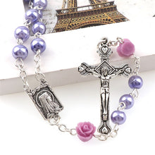 Load image into Gallery viewer, Holy Rosary Cross-Virgin Mary-Imitation Pearl with Rose Flower Accent