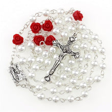 Load image into Gallery viewer, Holy Rosary Cross-Virgin Mary-Imitation Pearl with Rose Flower Accent