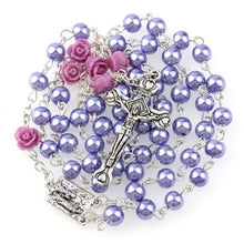 Load image into Gallery viewer, Holy Rosary Cross-Virgin Mary-Imitation Pearl with Rose Flower Accent