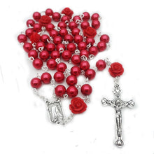 Load image into Gallery viewer, Holy Rosary Cross-Virgin Mary-Imitation Pearl with Rose Flower Accent