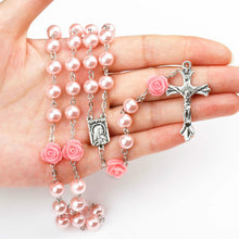 Load image into Gallery viewer, Holy Rosary Cross-Virgin Mary-Imitation Pearl with Rose Flower Accent