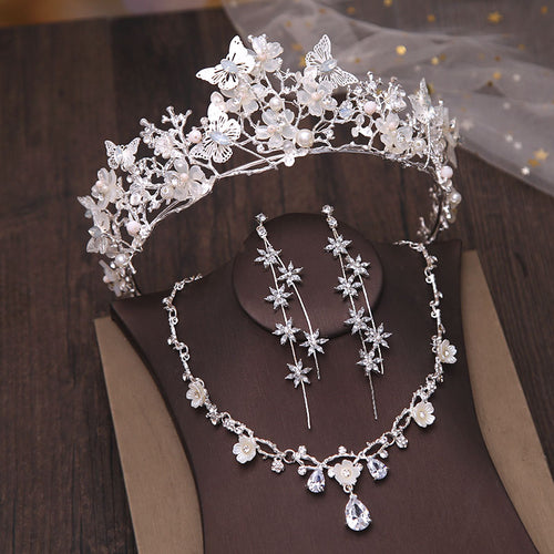 Silver Butterfly Tiara with Simulated Pearl with Rhinestone Necklace and earrings