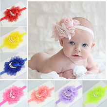 Load image into Gallery viewer, Handmade Chiffon Flower Baby Pearls Rose Floral Headband with Bow