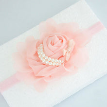 Load image into Gallery viewer, Handmade Chiffon Flower Baby Pearls Rose Floral Headband with Bow