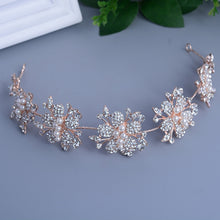 Load image into Gallery viewer, Rose Gold Clear Simulated Pearls Crystal Flowers Bridal Tiara-Crown