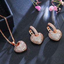 Load image into Gallery viewer, Micro Pave Heart Cubic Zirconia Rose Gold Color Earrings And Necklace Set
