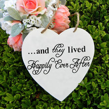 Load image into Gallery viewer, Wooden Handcrafted Heart Wedding Sign Here Comes the Bride- or They Lived Happily Ever After