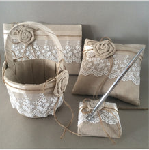 Load image into Gallery viewer, Rustic Wedding Flower Girl Basket-Guest Book-Pen-Ring Pillow Burlap Set With Lace and Bow Decoration