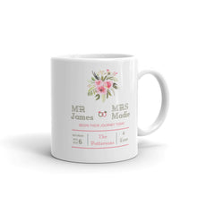 Load image into Gallery viewer, White Glossy Personalized Coffee Wedding Mug with Pink Floral Design