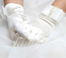 Load image into Gallery viewer, Wrist Length Bridal Gloves with Pretty Simulated Pearl Detail