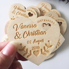 Load image into Gallery viewer, Laser Personalized Wedding Heart Favor-Keepsake-Save the Date Magnets-Custom Wood Rustic Guest Gift
