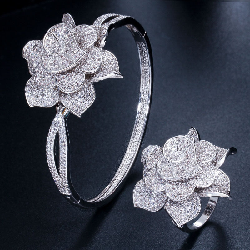 Big Rose Flower Shape Bangle and Ring Sets - Bridal Party Gifts