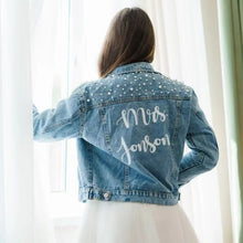 Load image into Gallery viewer, Custom Denim and Pearls Jacket for the Bride - Fashion Bridal Accessory
