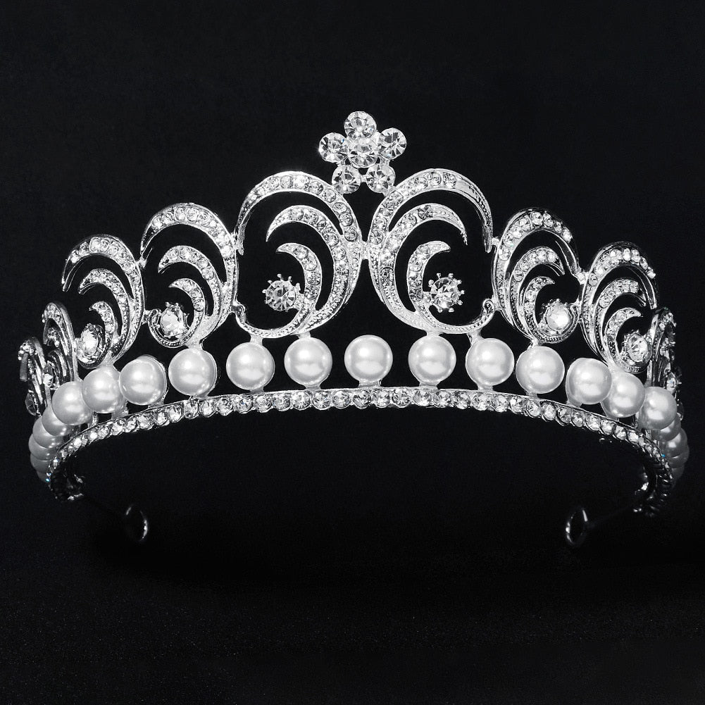 Baroque Swirls Queen Tiara-Crown Adorned with Rhinestones and Simulated Pearl- For Bride or Mis Quince