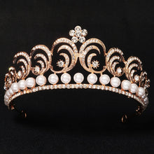 Load image into Gallery viewer, Baroque Swirls Queen Tiara-Crown Adorned with Rhinestones and Simulated Pearl- For Bride or Mis Quince

